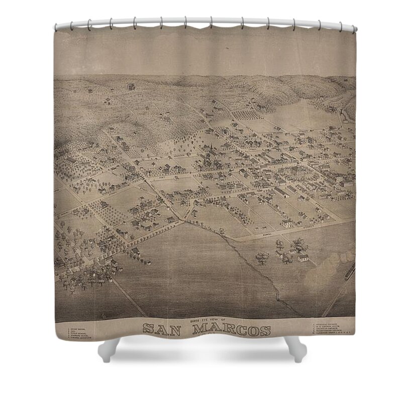 Antique Birds Eye View Map Of San Marcos Shower Curtain featuring the drawing Antique Maps - Old Cartographic maps - Antique Birds Eye View Map of San Marcos, Texas, 1881 by Studio Grafiikka