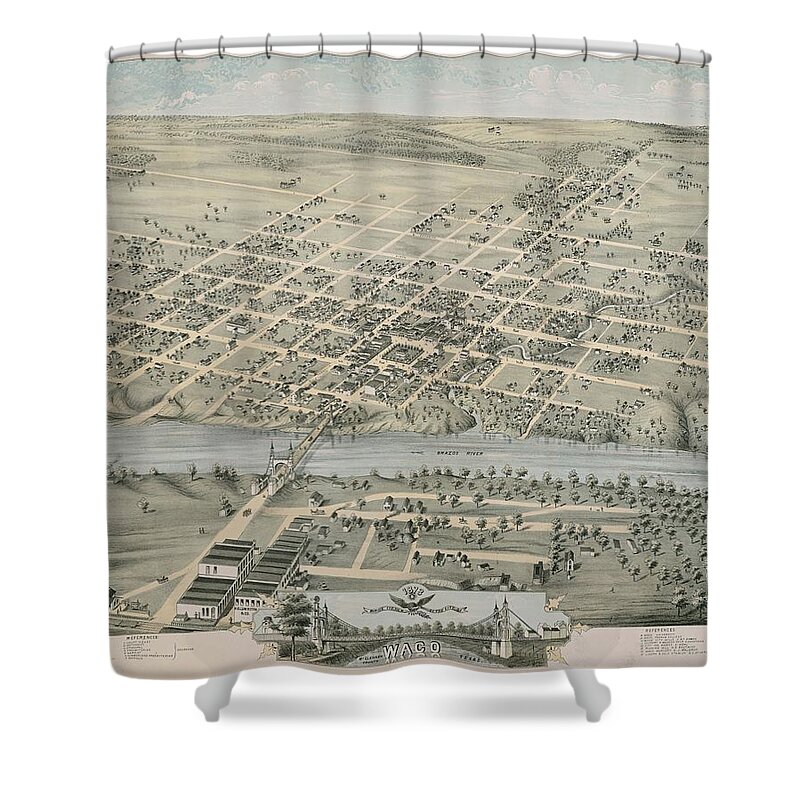 Antique Birds Eye View Map Of Waco Shower Curtain featuring the drawing Antique Maps - Old Cartographic maps - Antique Birds Eye View Map of Waco, Texas, 1873 by Studio Grafiikka