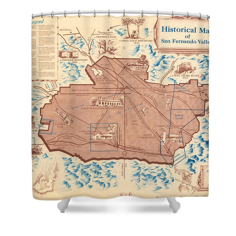 Antique Historical Map Of San Fernando Valley Shower Curtain featuring the drawing Antique Maps - Old Cartographic maps - Antique Historical Map of San Fernando Valley by Studio Grafiikka