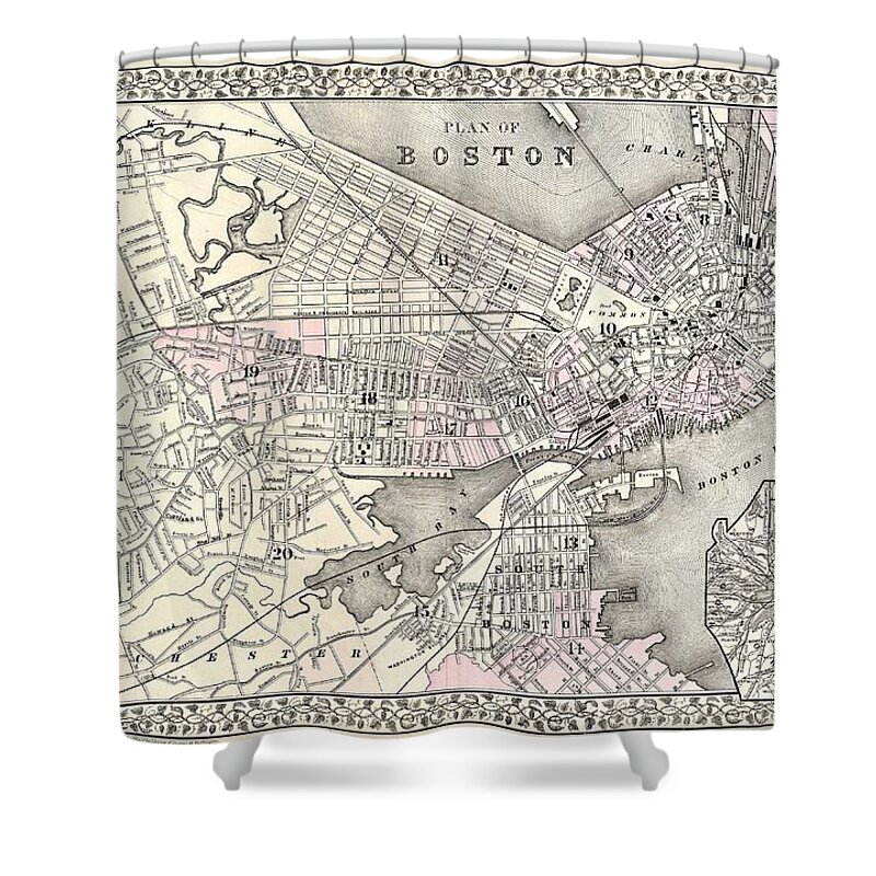 Antique Map Of Boston Shower Curtain featuring the drawing Antique Maps - Old Cartographic maps - Antique Map of Boston Massachusetts, 1879 by Studio Grafiikka