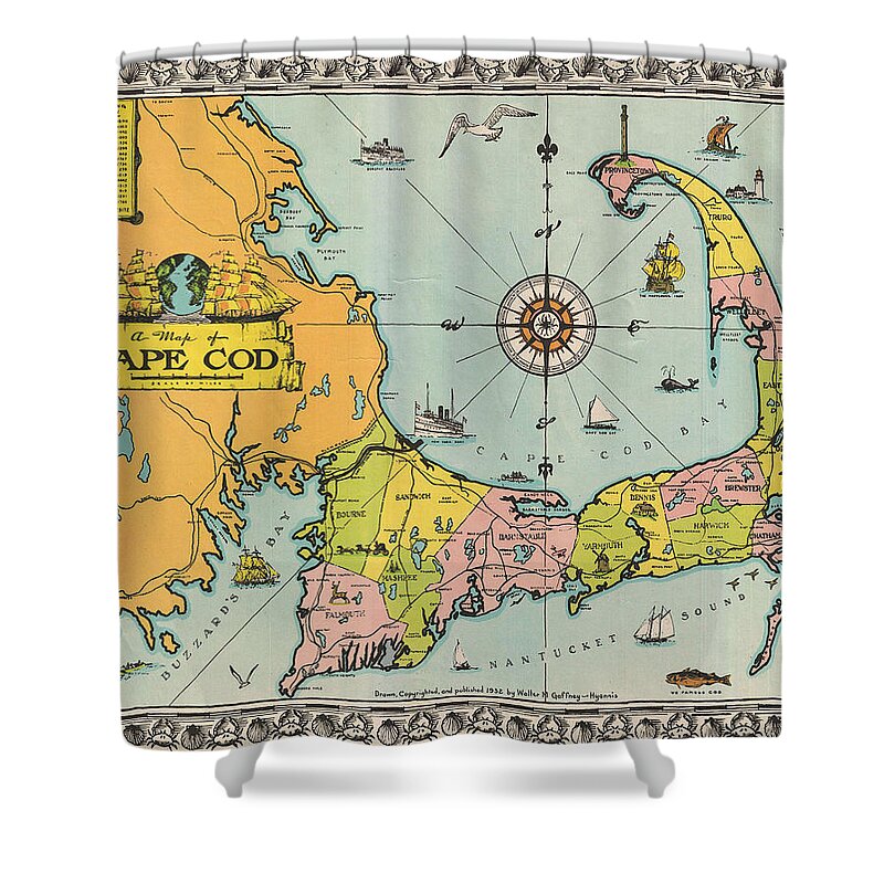 Antique Map Of Cape Cod Shower Curtain featuring the drawing Antique Maps - Old Cartographic maps - Antique Map of Cape Cod, Massachusetts, 1932 by Studio Grafiikka