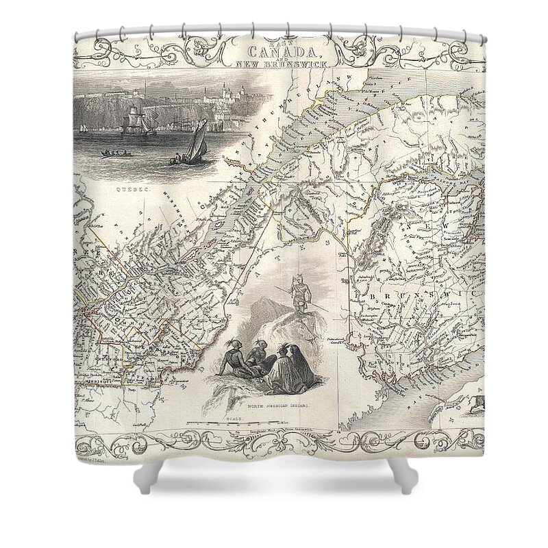 Antique Map Of Canada Shower Curtain featuring the drawing Antique Maps - Old Cartographic maps - Antique Map of East Canada, Quebec, New Brunswick - 1850 by Studio Grafiikka