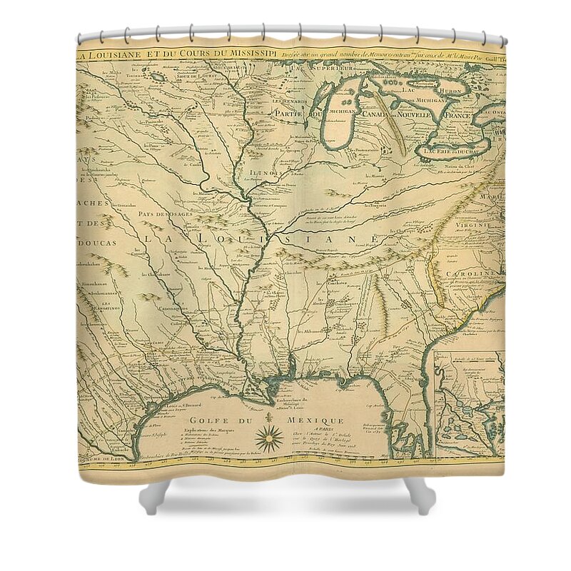 Antique Map Of Louisiana Shower Curtain featuring the drawing Antique Maps - Old Cartographic maps - Antique Map of Louisiana - Course of Mississippi, 1718 by Studio Grafiikka