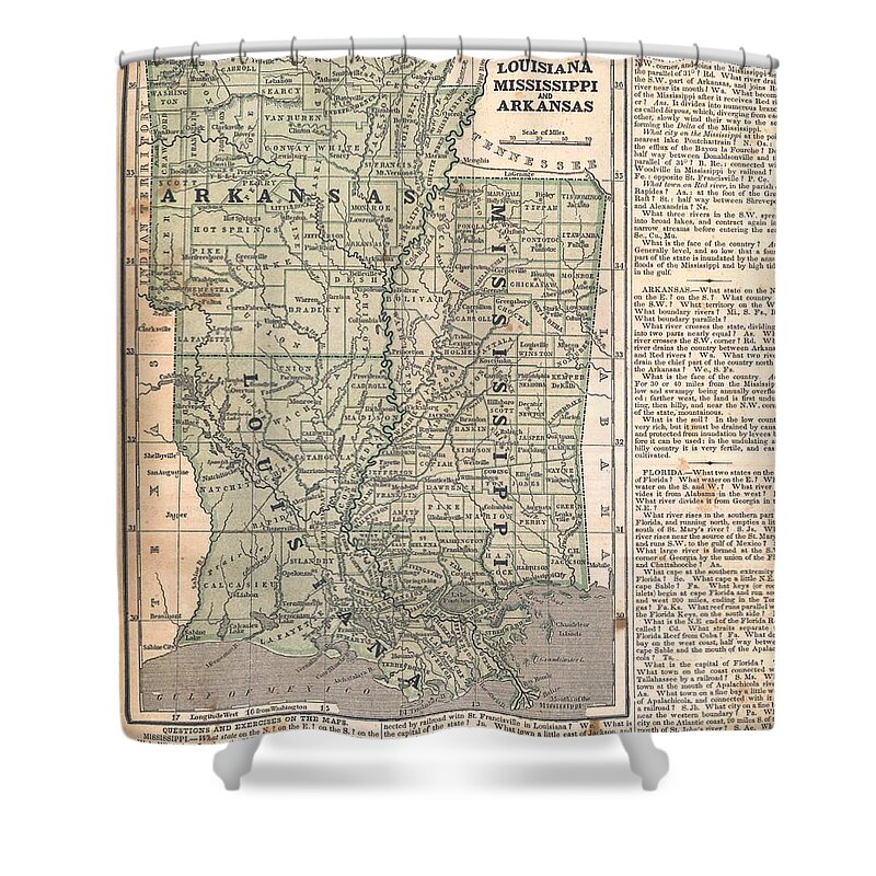 Antique Map Of Louisiana Shower Curtain featuring the drawing Antique Maps - Old Cartographic maps - Antique Map of Louisiana, Mississippi and Arkansas by Studio Grafiikka