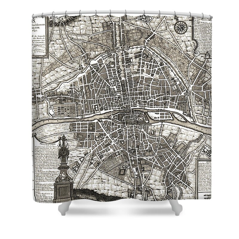 Antique Paris Map Shower Curtain featuring the drawing Antique Maps - Old Cartographic maps - Antique Map of Paris, France, 1643 by Studio Grafiikka