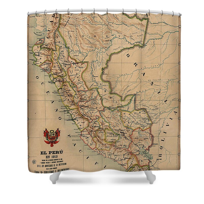 Antique Map Of Peru Shower Curtain featuring the drawing Antique Maps - Old Cartographic maps - Antique Map of Peru, South America, 1913 by Studio Grafiikka