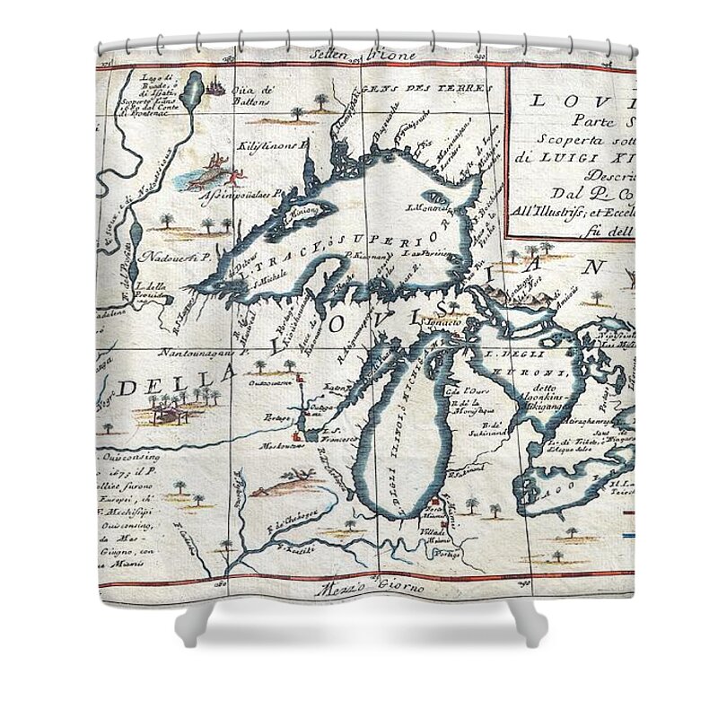 Antique Map Of The Great Lakes Shower Curtain featuring the drawing Antique Maps - Old Cartographic maps - Antique Map of the Great Lakes, 1696 by Studio Grafiikka