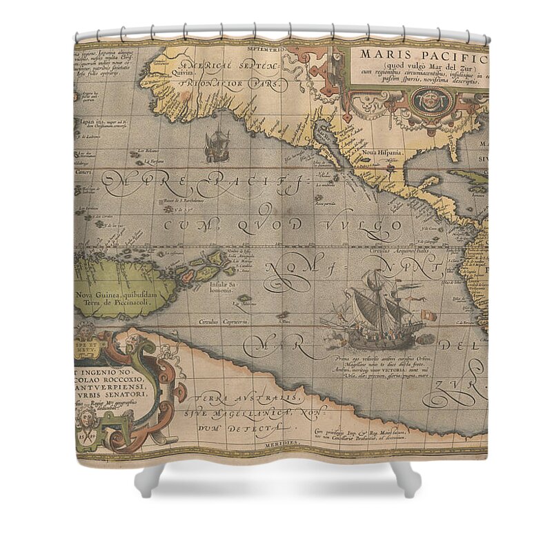 Antique Map Of The Pacific Ocean Shower Curtain featuring the drawing Antique Maps - Old Cartographic maps - Antique Map of the Pacific Ocean - Mar Del Zur, 1589 by Studio Grafiikka