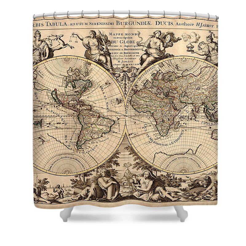 Antique Map Of The World Shower Curtain featuring the drawing Antique Maps - Old Cartographic maps - Antique Map of the World - Double Hemisphere Map by Studio Grafiikka