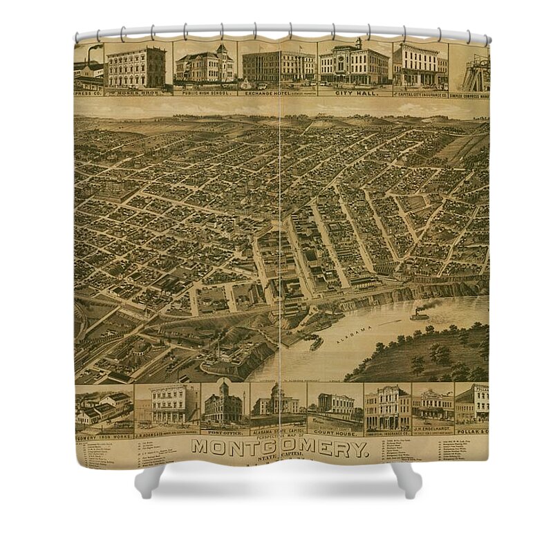 Antique Map Of Montgomery Shower Curtain featuring the drawing Antique Maps - Old Cartographic maps - Antique Perspective Map of Montgomery, Alabama, 1887 by Studio Grafiikka