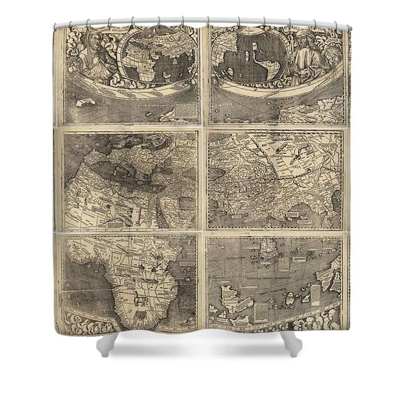 Illustrated Map Of The World Shower Curtain featuring the drawing Antique Maps - Old Cartographic maps - illustrated Map of the World by Studio Grafiikka