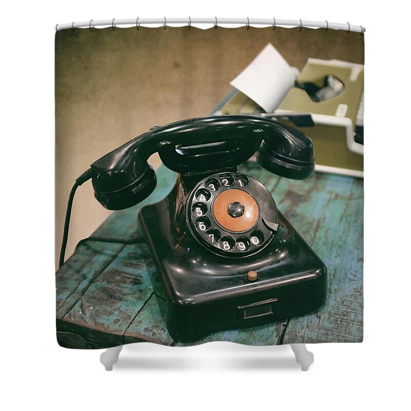 Antique Shower Curtain featuring the photograph Antique telephone and typewriter by Carlos Caetano