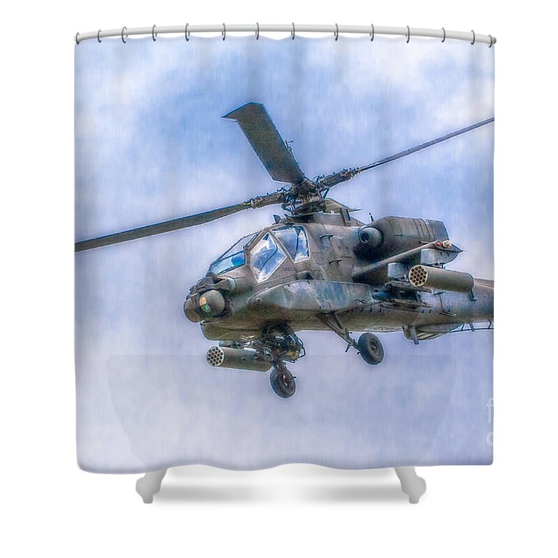 Apache Helicopter In Flight Shower Curtain featuring the photograph Apache Helicopter In Flight Two by Randy Steele