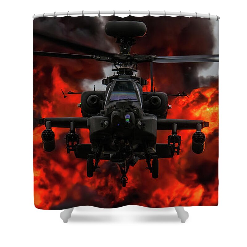 British Army Apache Westland Ah1 Attack Helicopter Riat Fairford 2017 Royal International Air Tattoo England Uk Shower Curtain featuring the photograph Apache Wall of Fire by Tim Beach