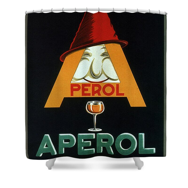 Aperol Barbieri Shower Curtain featuring the mixed media Aperol Barbieri - Cocktail Food and Drink Poster - Vintage Advertising Poster by Studio Grafiikka