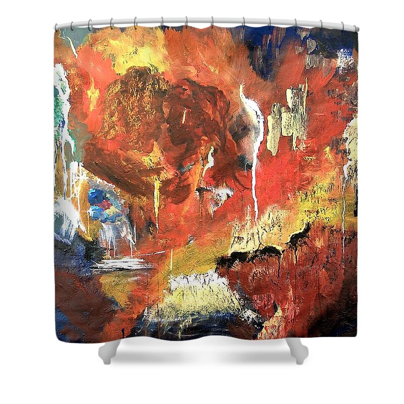 Apocalyptic Love Apocalypse Abstract Painting Print Acrylic Canvas Imagination Red Woman Man Profile Kiss Waterfall Water Colors Stream Brook Shower Curtain featuring the painting Apocalyptic Love by Miroslaw Chelchowski