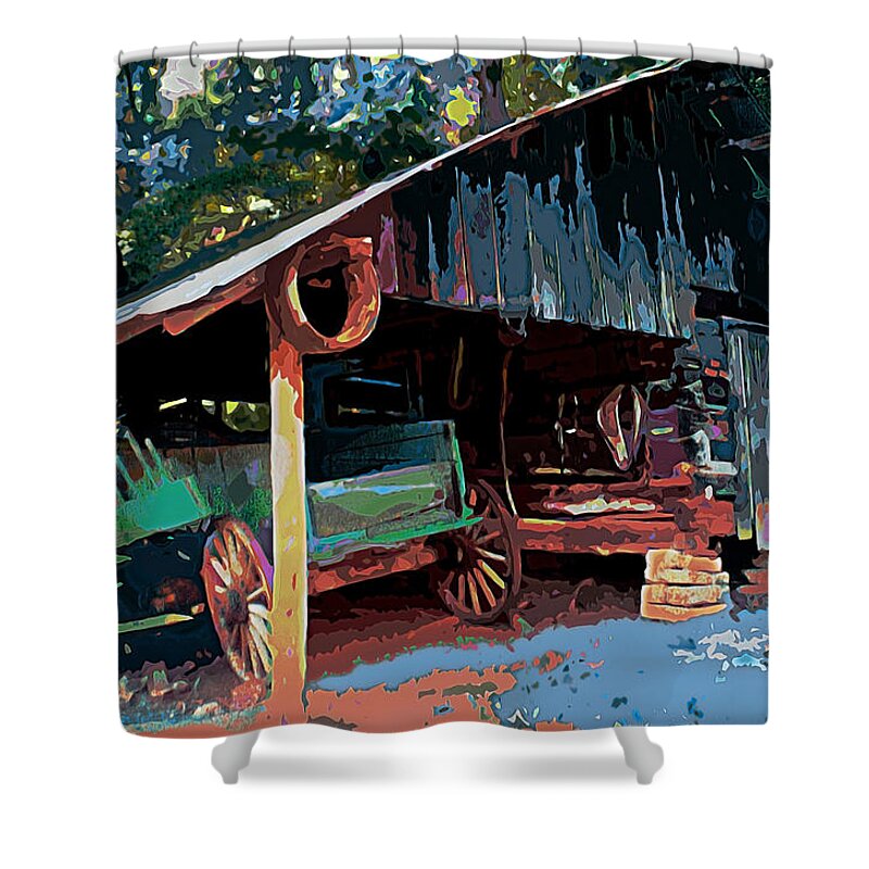 Appalacchia Shower Curtain featuring the painting Appalachia Wagon Waiting For Repair by CHAZ Daugherty