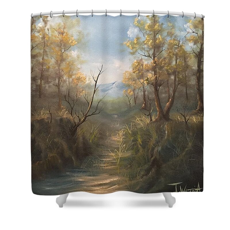Mountain Landscape Appalachian Trail Hiking Trees Pines Lake View Rocky Mountains Sky Clouds Distant Mountain Shower Curtain featuring the painting Appalachian view by Justin Wozniak