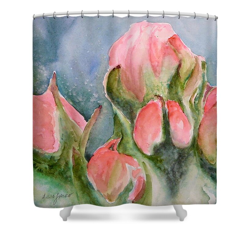 Apple Blossom Buds Shower Curtain featuring the painting Apple Tree Buds by Anna Jacke
