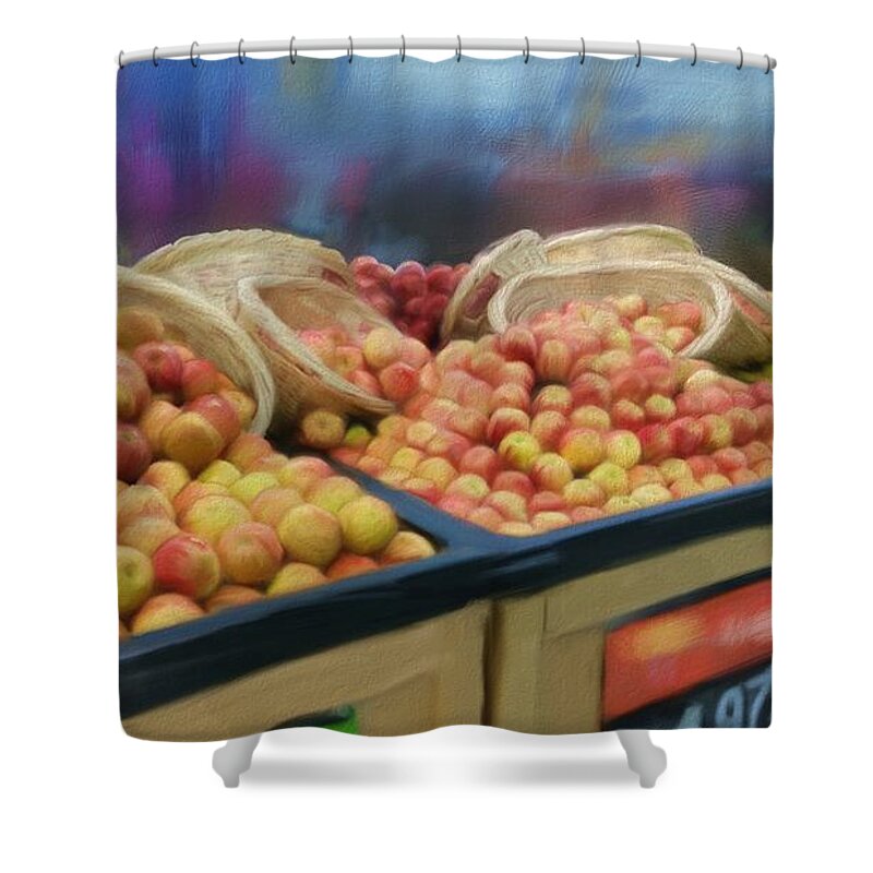 Agriculture Shower Curtain featuring the digital art Apples and baskets by Debra Baldwin