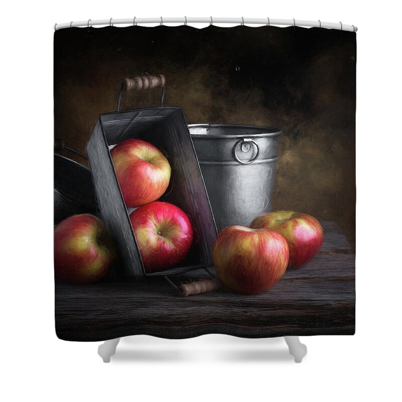 Apple Shower Curtain featuring the photograph Apples with Metalware by Tom Mc Nemar
