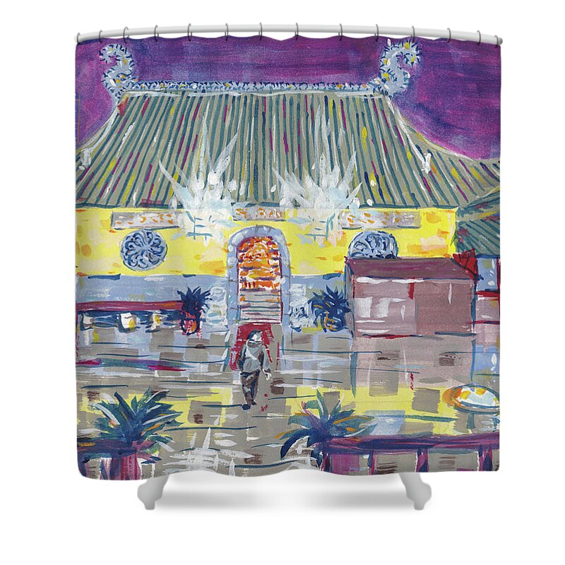 Dongwu Temple Shower Curtain featuring the painting Approaching Dongwu Temple on Chinese New Years Eve by Dave Alber