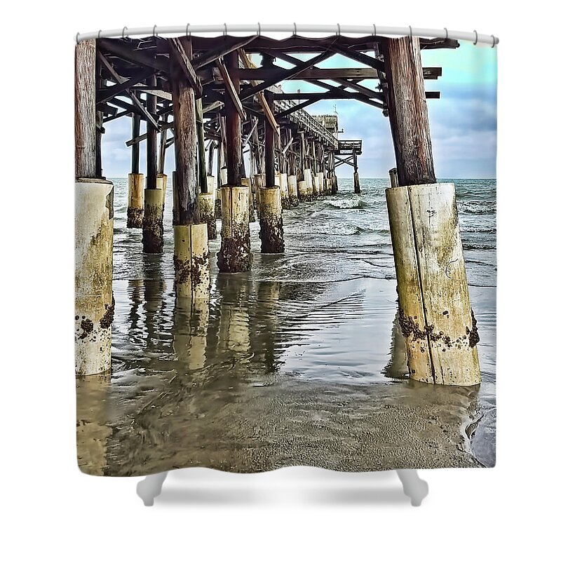 Greg Jackson Shower Curtain featuring the photograph Approaching Dusk - Cocoa Beach Pier Pylons - 1a by Greg Jackson