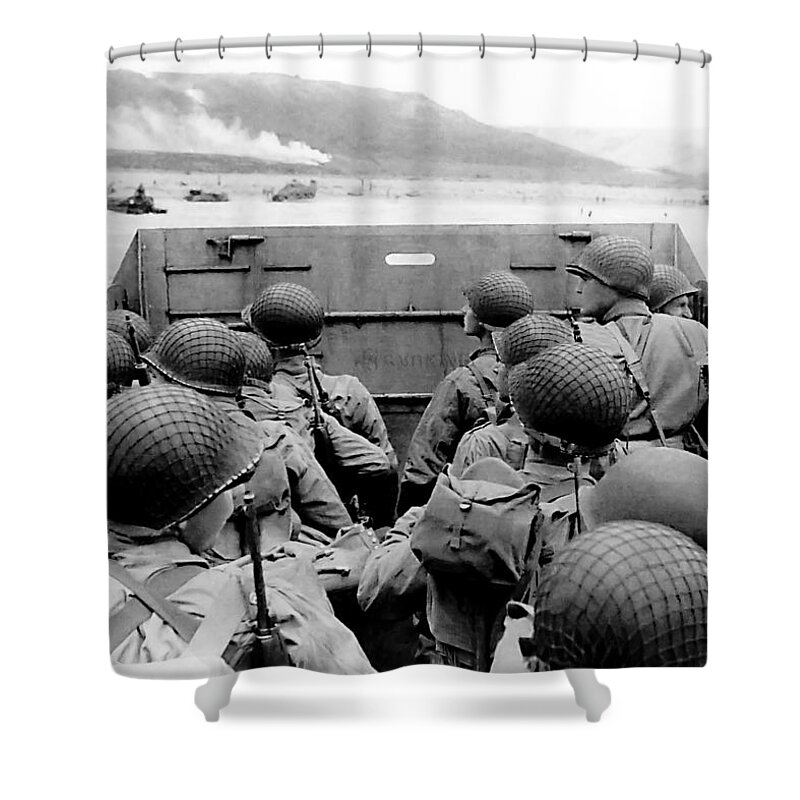 Invasion Of Normandy Shower Curtain featuring the photograph Approaching Omaha Beach - Invasion of Normandy - June 6, 1944 by War Is Hell Store
