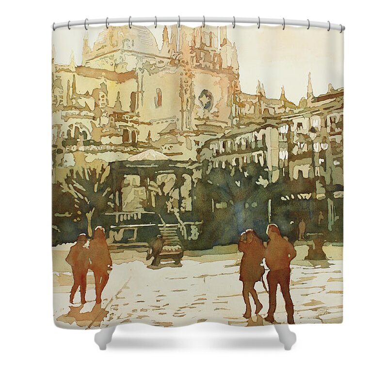 Segovia Shower Curtain featuring the painting April on the Plaza Mayor by Jenny Armitage