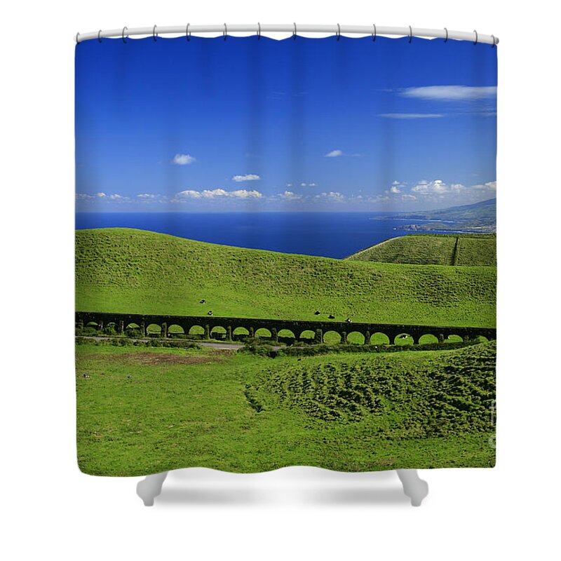 Aqueduct Shower Curtain featuring the photograph Aqueduct and pastures by Gaspar Avila