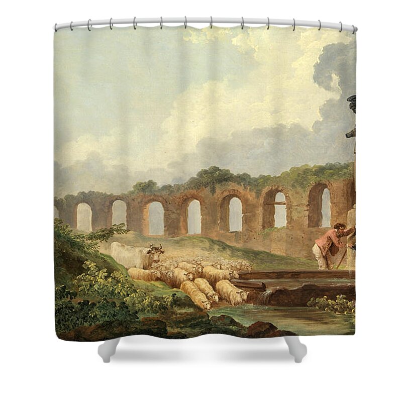 Hubert Robert Shower Curtain featuring the painting Aqueduct in Ruins by Hubert Robert