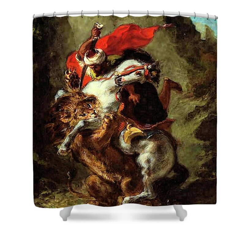 Arab Shower Curtain featuring the painting Arab Horseman Attacked by a Lion by Eugene Delacroix