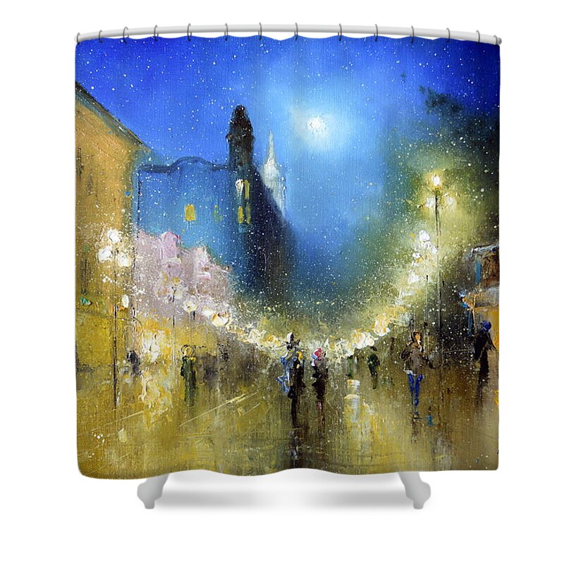 Russian Artists New Wave Shower Curtain featuring the painting Arbat Night Lights by Igor Medvedev