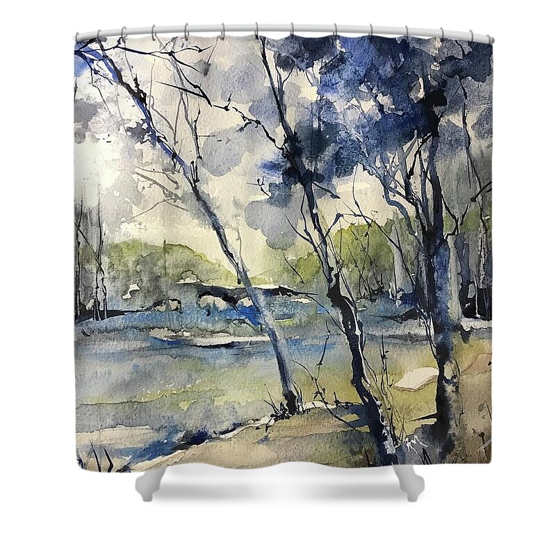 Blue Trees Shower Curtain featuring the painting Arbres Bleus by Robin Miller-Bookhout