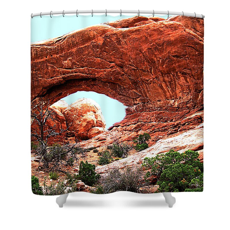 Moab Shower Curtain featuring the digital art Arch Face by Gary Baird