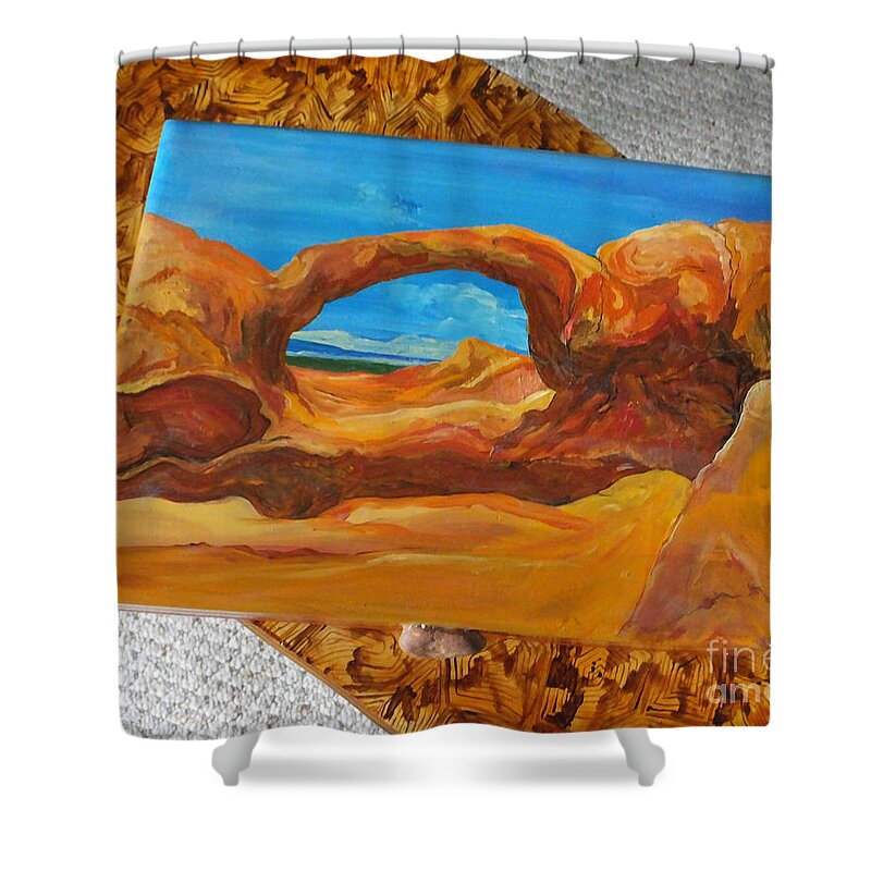 National Park Shower Curtain featuring the mixed media Arches National Park Hand painted Box by Lizi Beard-Ward