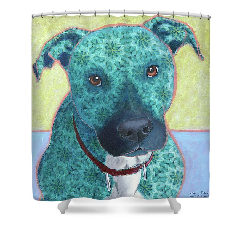 Pit Bull Shower Curtain featuring the painting Aries in Aquamarine by Ande Hall