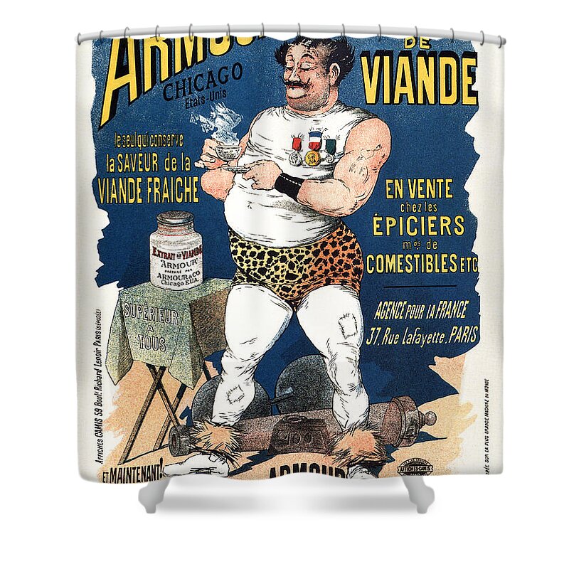 Vintage Shower Curtain featuring the mixed media Armour and co Mean Extract - Body Builder - French Vintage Advertising Poster by Studio Grafiikka