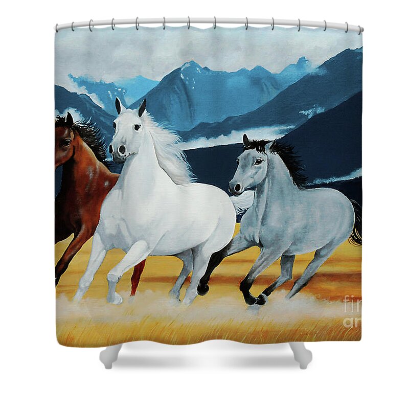 Tolkien Shower Curtain featuring the painting Arod, Shadowfax and Hasufel by Gordon Palmer