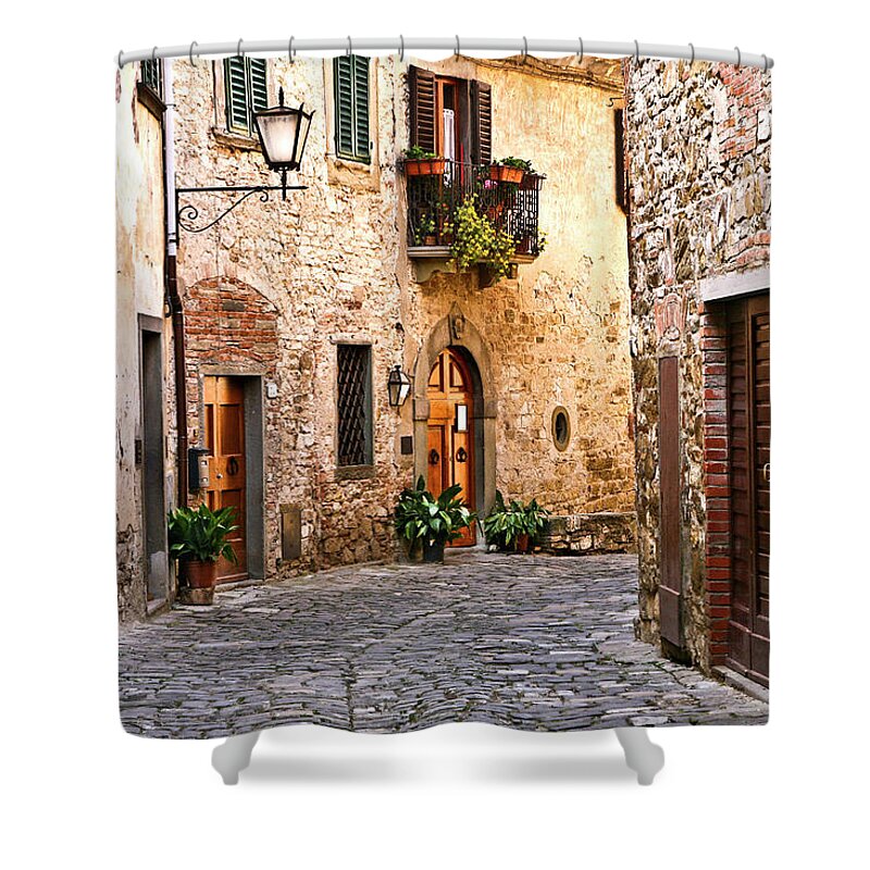 Street View Shower Curtain featuring the photograph Around the Corner Montefioralle Tuscany Italy by Lily Malor