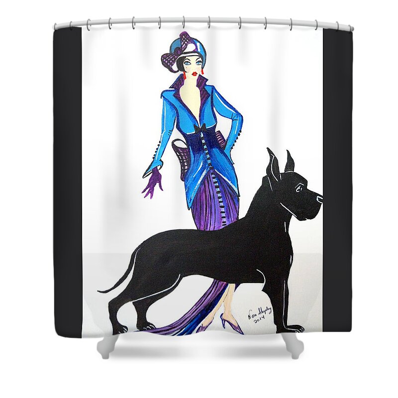 1920's Female Walking Her Dog Shower Curtain featuring the painting Art Deco 1920's Myra by Nora Shepley