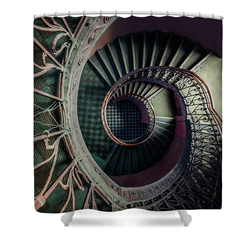 Architecture Shower Curtain featuring the photograph Art Deco metal spiral staircase by Jaroslaw Blaminsky