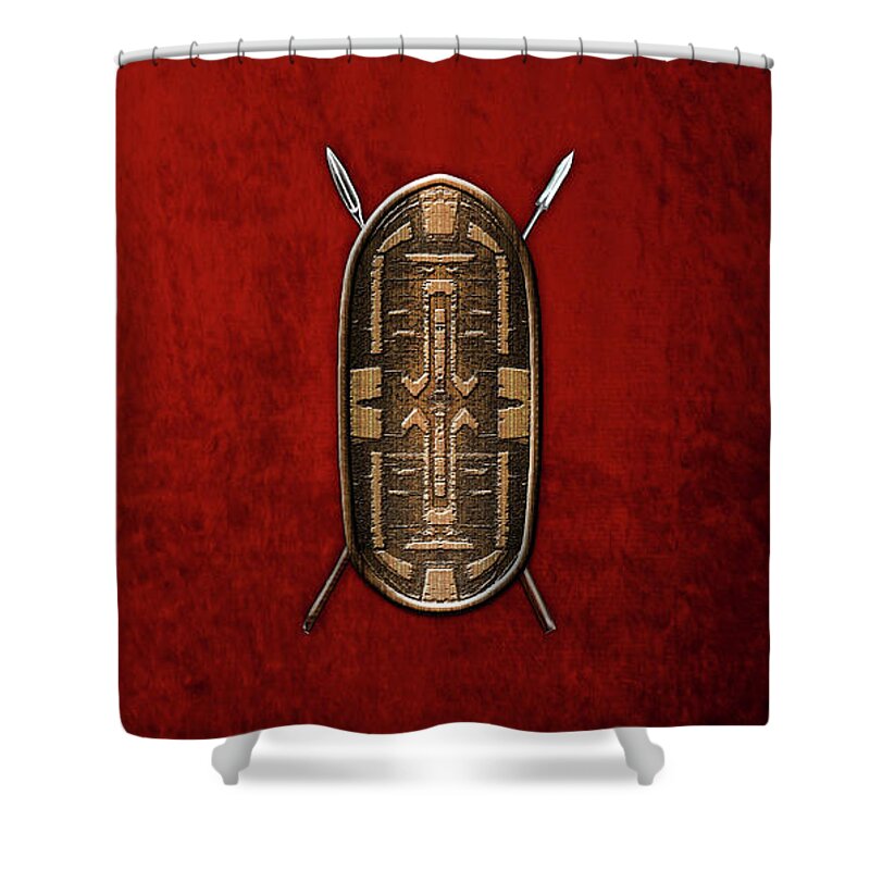 'war Shields' Collection By Serge Averbukh Shower Curtain featuring the digital art Zande War Shield with Spears on Red Velvet by Serge Averbukh