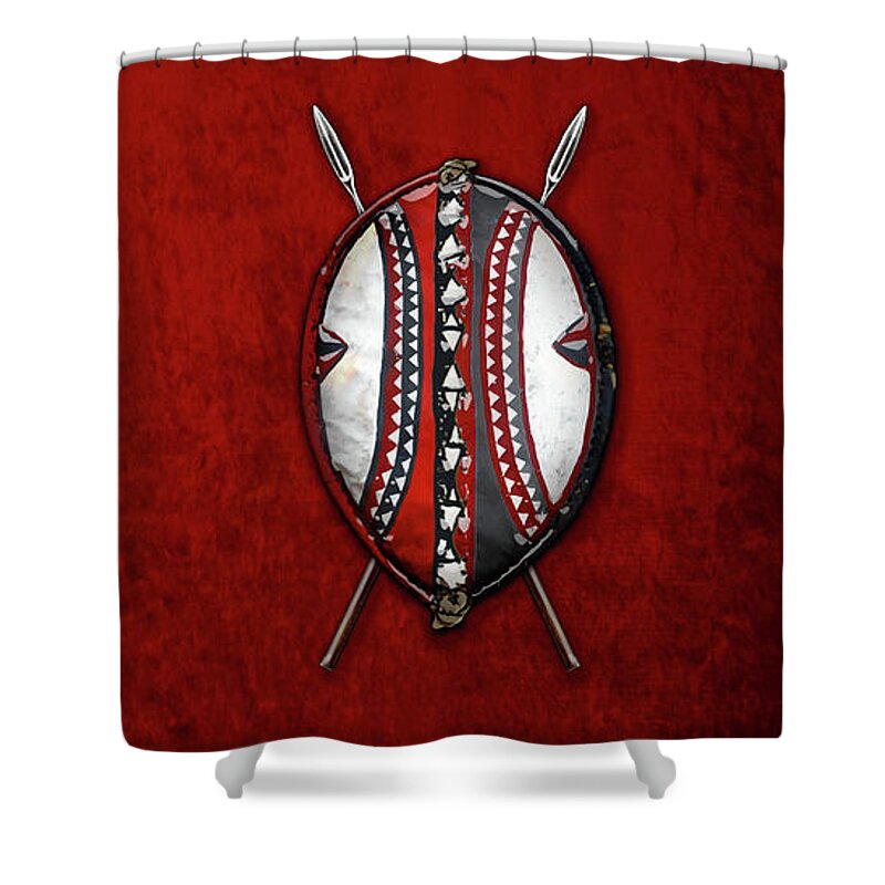 'war Shields' Collection By Serge Averbukh Shower Curtain featuring the digital art Maasai War Shield with Spears on Red Velvet by Serge Averbukh
