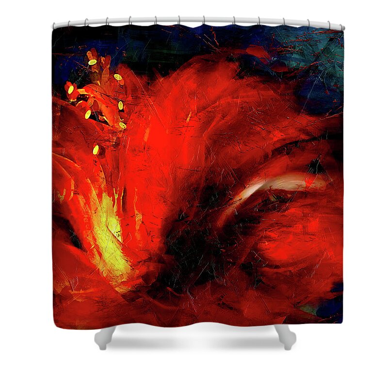 Red Hibiscus Shower Curtain featuring the painting In Red Abstract Hibiscus by Shanina Conway