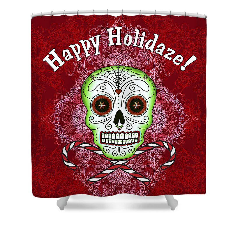 Sugar Skull Christmas Shower Curtain featuring the digital art Skull and Candy Canes by Tammy Wetzel