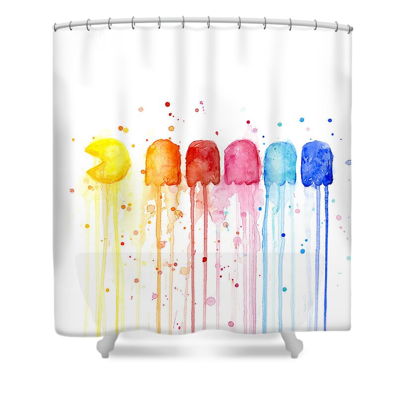 Game Shower Curtain featuring the painting Pacman Watercolor Rainbow by Olga Shvartsur