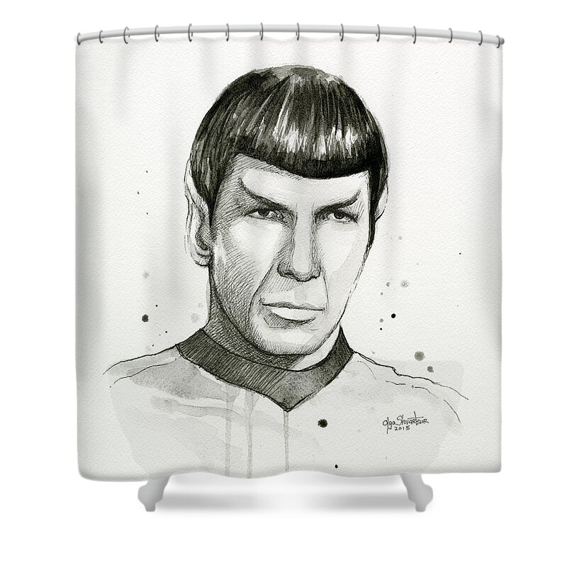 Star Trek Shower Curtain featuring the painting Spock Watercolor Portrait by Olga Shvartsur