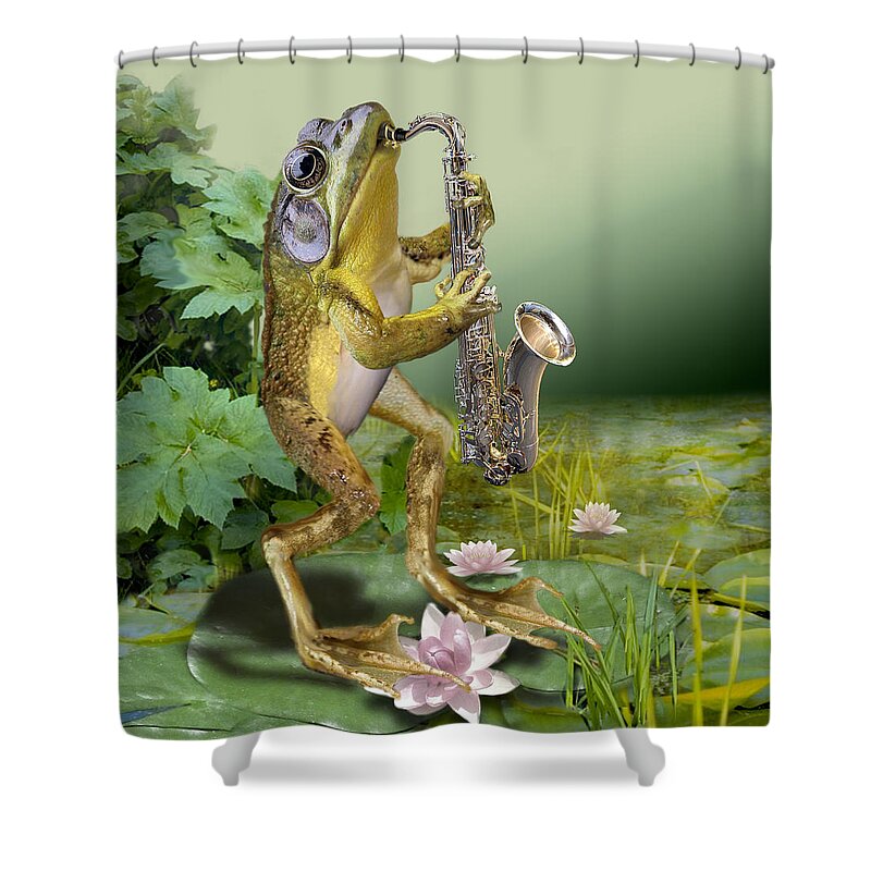 Animal Picture Shower Curtain featuring the painting Humorous Frog Plying Saxophone by Regina Femrite