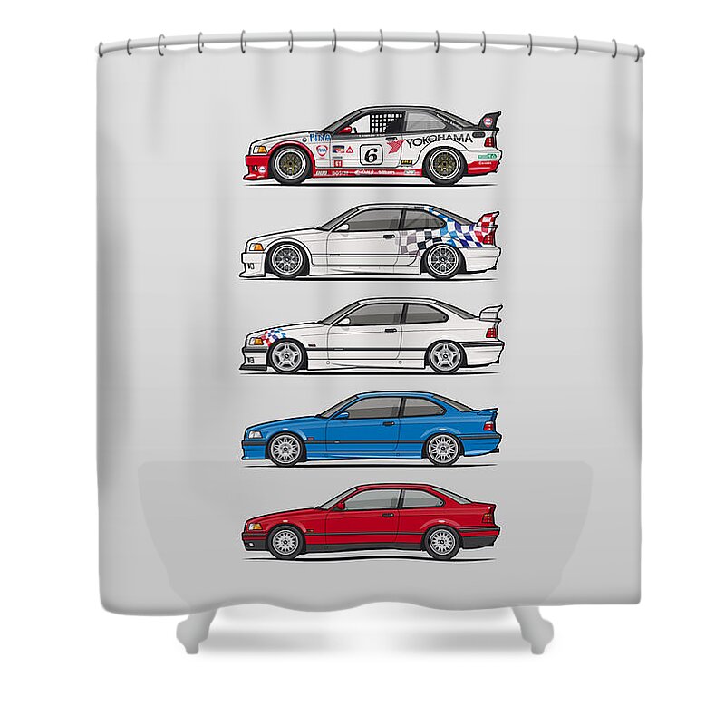 Car Shower Curtain featuring the digital art Stack of BMW 3 Series E36 Coupes by Tom Mayer II Monkey Crisis On Mars